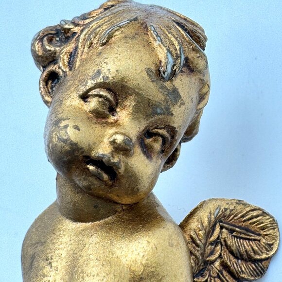 Gold Cherub Angel Figurines Set Of 2 Playing Flute Sitting On Rock Resin Vtg - Picture 3 of 10